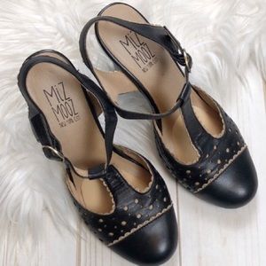 Miz Mooz T-Strap Leather Pumps with Scallop Detail